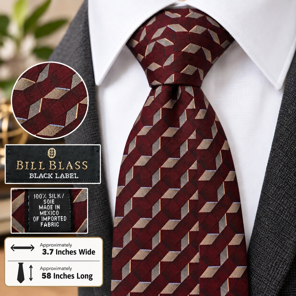Vintage Blass Black Label Silk Burgundy Geometric Diamond Pattern Mens Necktie
